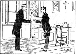 A depiction of a young man shaking hands with a superior