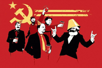 A propoganda t-shirt cover showing communist leaders havng a party