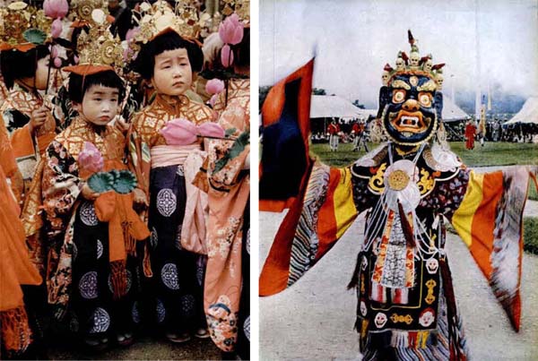 Photo comparison of traditionally dressed Japanese children in kimonos with a buddhist ceremonial devil costume