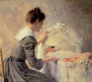 A painting of a mother and her child in a crib