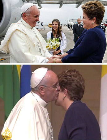 Pope Francis greeting and embracing Dilma Rousseff