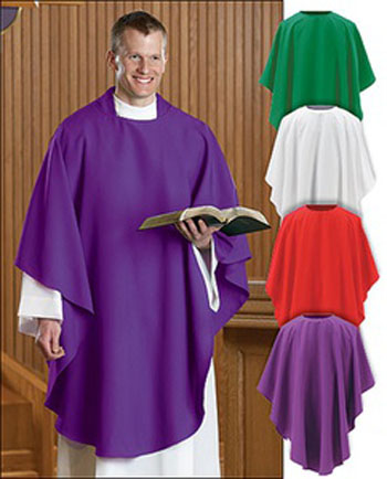 A Novus Ordo priest wearing a coarse and primitive everyday chasuable
