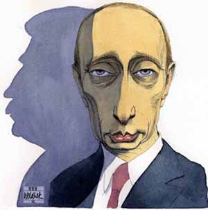 A cartoon showing Putins shadow as that of Stalins