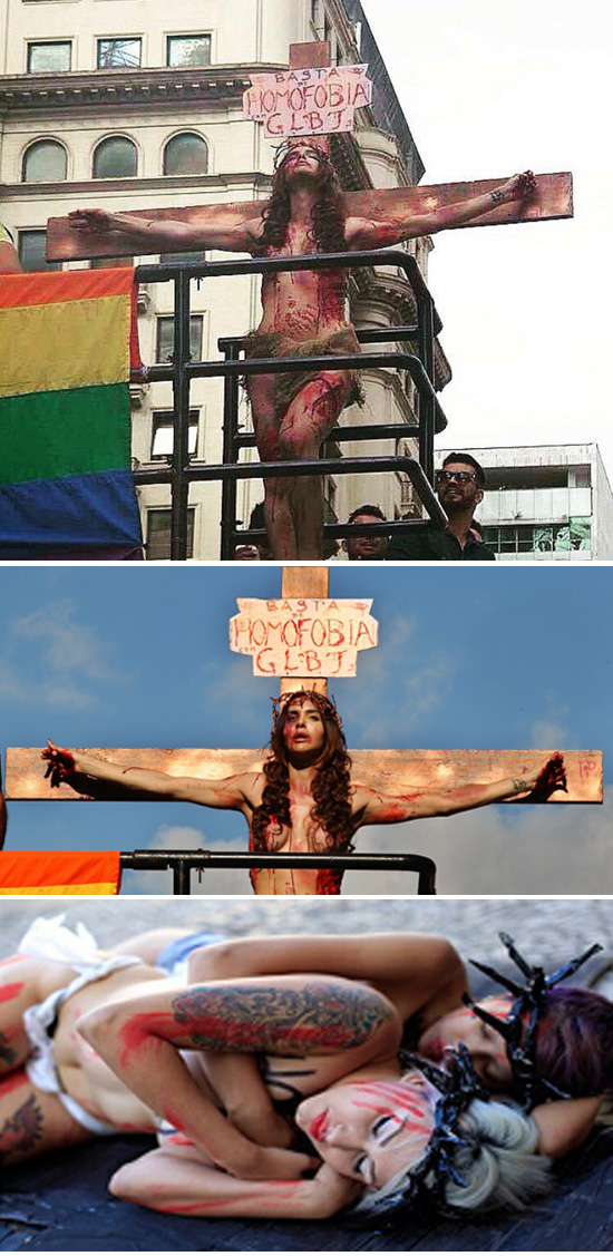 photo montage of blasphemous gay pride parade depicting a crucifixion and a couple sleeping together