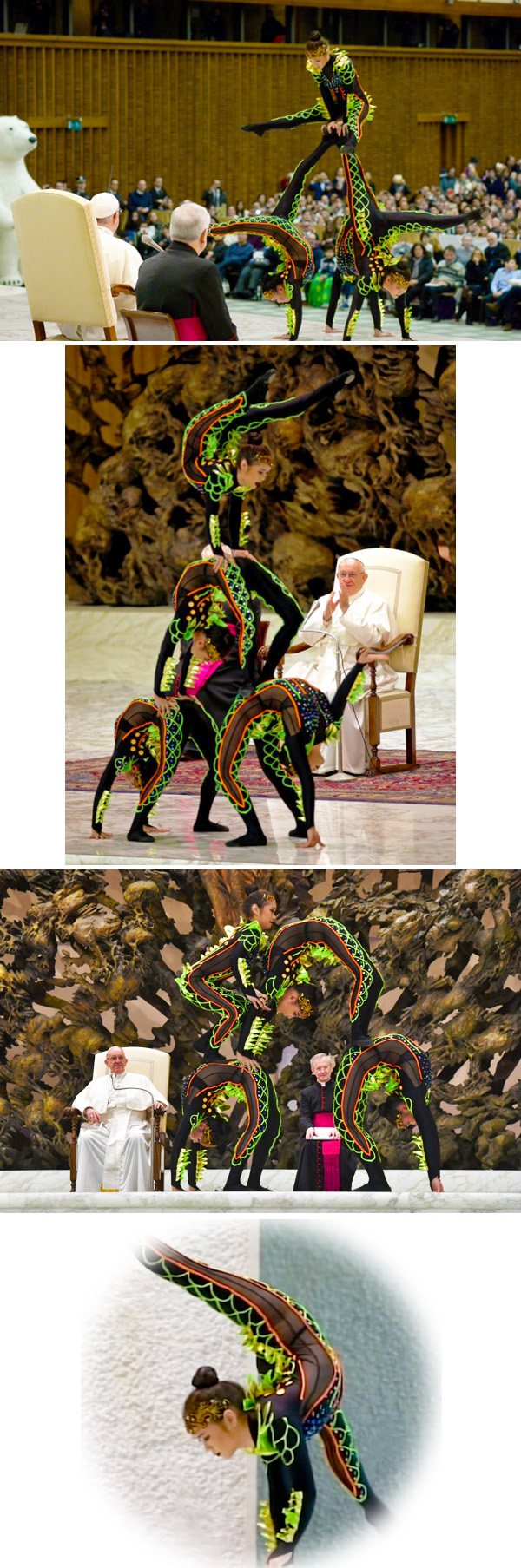 Photo collage of the 2017 Vatican Christmas circus with acrobats in transparent leotards performing for Pope Francis