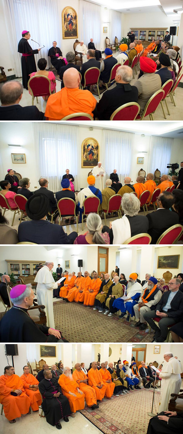 Pope Francis and Cardinals addressing a crowd of Buddhist monks and Sikhs