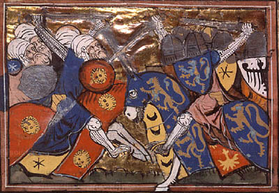 A medieval depiction of Saracens and knights in combat