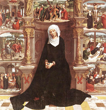 Our Lady surrounded by images of the Seven Sorrows