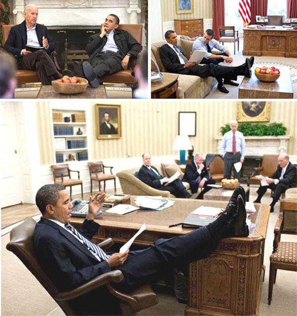 Obama propping his feet on tables and desks