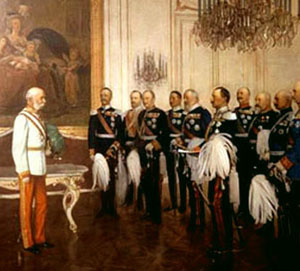 Franz Joseph meets with William II and Prussian officers