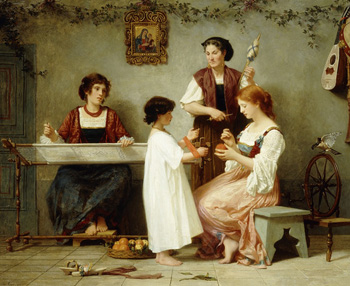 A mother teaching her daughters to spin