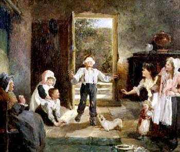 A painting of children playing blinds man bluff