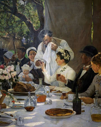 A painting of a traditional toast to bride