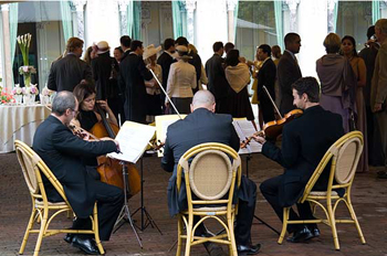 musicians playing violin at a wedding reception