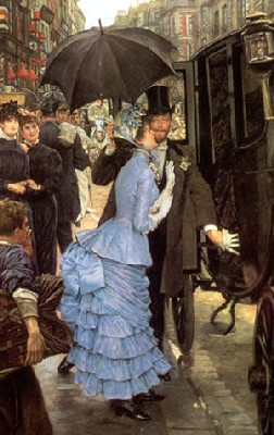 A painting of a gentleman opening a coach door for a lady