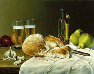 A still life of fruit and broken bread