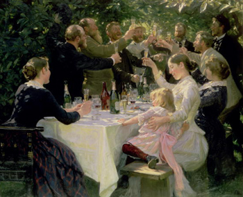 A painting of well dressed late 19th century men, women, and children having an outdoor party