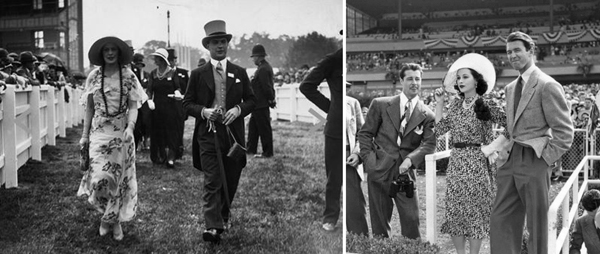 Black and White photographs showing well dressed men and women at Horse races in the early 20th century