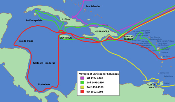 A map showing the four voyages of Columbus