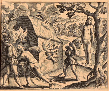 Spaniards killing, burning, and hanging native Americans