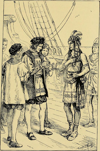 Columbus trading with indians on the deck of his ship