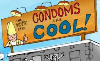 A cartoon showing papal approval of condoms