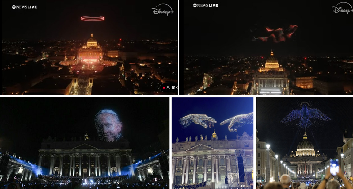 Light show above St. Peter's Basilica