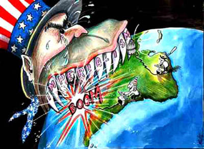 Cartoon depicting South America resisting U.S. Imperialism