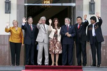 Latin American leftist leaders Bachelet, Duarte, Tabare, Christina Kirchner, Lula, Chavez, and Morales