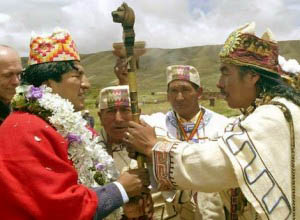 Evo Morales in Indian garb during a pagan ritual