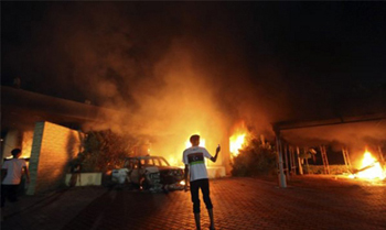 Muslims burning the US embassy in Libya