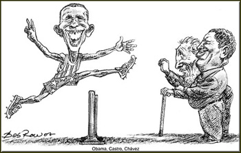 A cartoon depicting Obama leaping towards Castro and Chavez