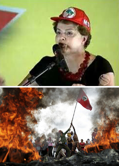 Dilma Rousseff wears the MST cap - MST members light fires in a freeway protest