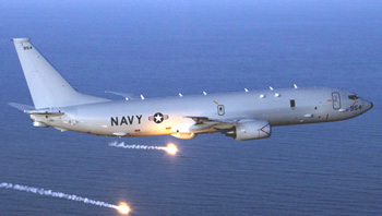 A U.S. Naval P-8 Posiedon dropping flares