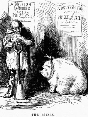 A cartoon showing the labor situation in 19th century England