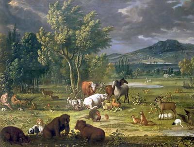 Adam and Eve over the animals in paradise