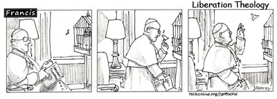 A comic depicting Francis' love for the Liberation Theology