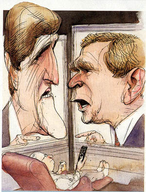 A cartoon of Kerry arguing with Bush