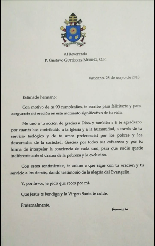 Francis' letter of support to Gustavo Gutierrez