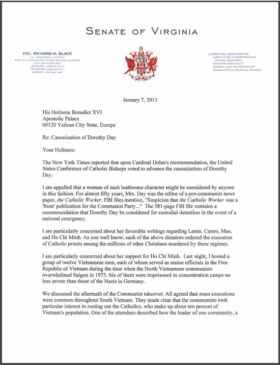 Document from Virginia state senator Bloack to Pope Benedict