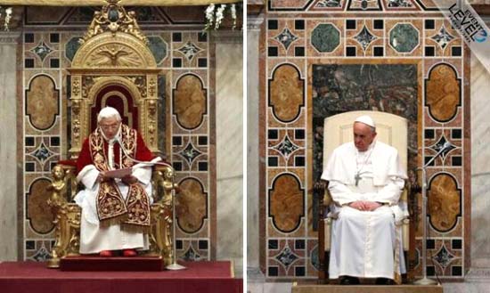 Pope Benedict XVI sitting in his throne compared to Pope Francis sitting in his throne