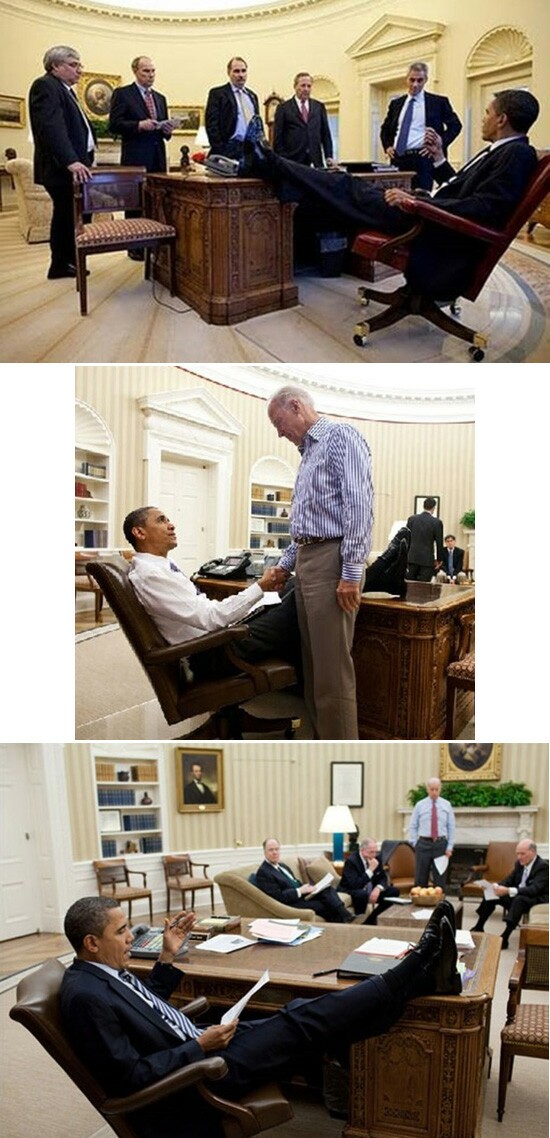 Obama propping his feet up on desks