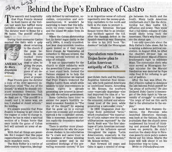 A newspaper article examining Pope Francis and Castro