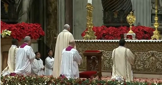 Francis stands before the Eucharist