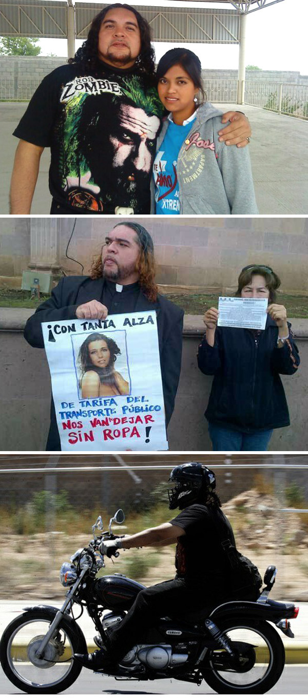 Fr. Adolfo Huerta Aleman with a heavy meatal t-shirt, advertising for prostitutes, and riding a motorcycle