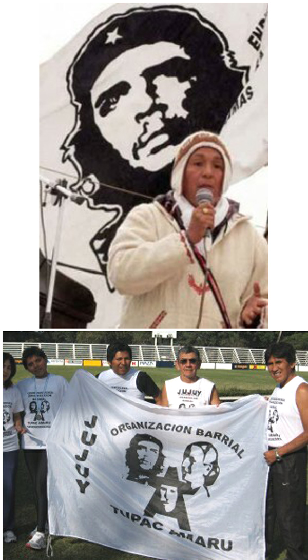 mialgro Sala speaking under a banner of Che Guevara