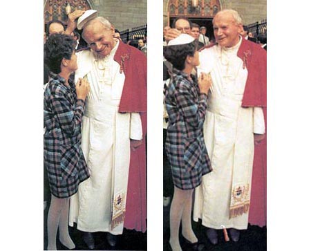 John Paul II putting his zucchetto on the head of a woman