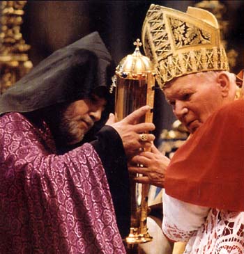 John Paul II giving a relic to Karekin II