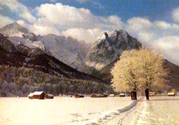 A paintinf of the Swiss Alps in winter