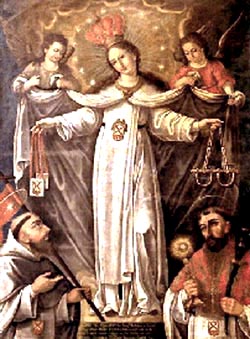 Our Lady of Ransom with the scapular in one hand and shackles in the other